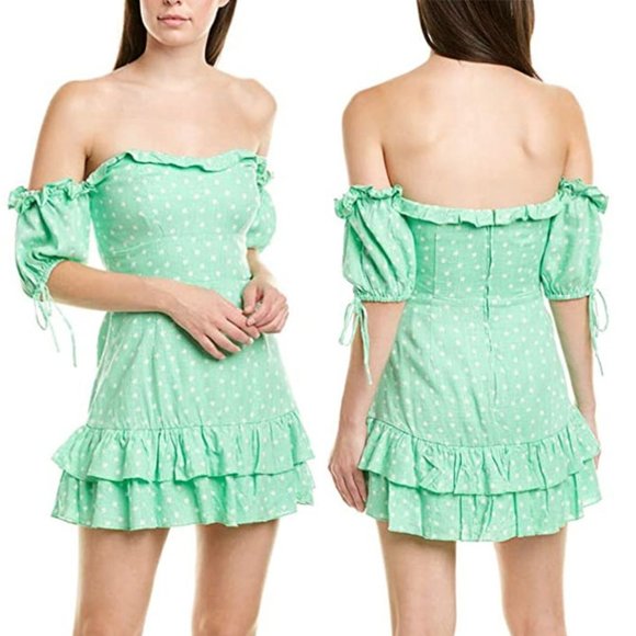 Finders Keepers Off Shoulder Ruffle Wildflower Mini Dress in Mint Ditsy $145 M 6 - Picture 7 of 8
